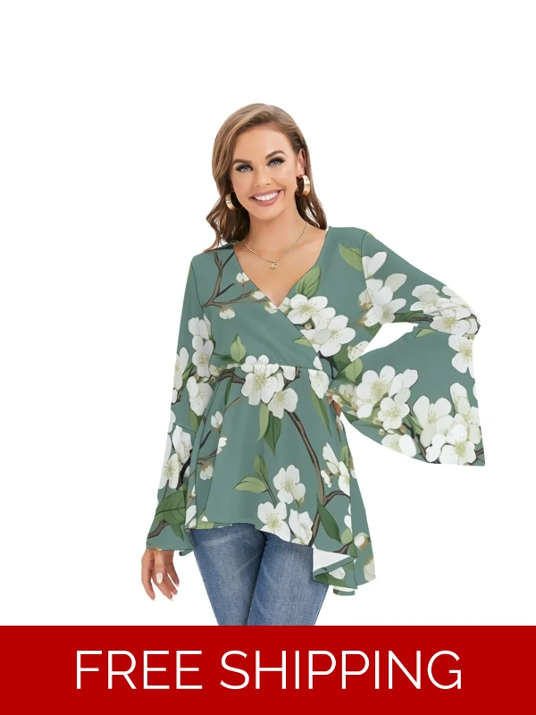 Motiff V-Neck Blouse with Flared Sleeves